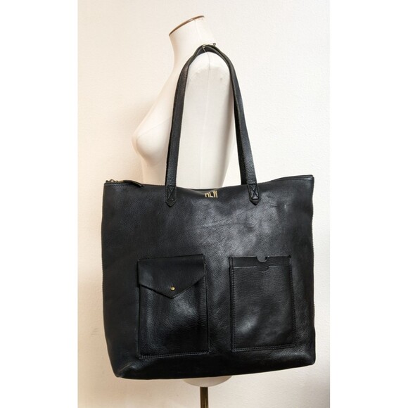 Madewell Handbags - MADEWELL The Transport Satchel Large Black Leather Tote with Front Pockets